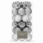 Set 30 globuri de Craciun argintii, 3 modele, 6 cm, din plastic incasabil