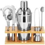 Set cocktail shaker pentru barmani 550 ml, 9 piese, cu suport bambus