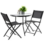 Set mobilier balcon si gradina cu masa semirotunda din sticla si 2 scaune pliabile, negru