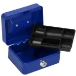 Caseta pentru bani metalica cu cheie, 6 compartimente, 12,5x9,5x6,5 cm, albastra