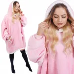 Patura hanorac pufoasa roz cu gluga, maneci si buzunare, universala