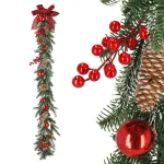 Ghirlandă artificială de Crăciun 150 cm, înzăpezită, cu ace 3D și decor roșu