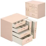 Cutie organizare bijuterii roz cu cheie, piele ecologica si velur, 26x22x18 cm