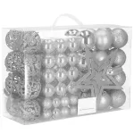 Set globuri de Craciun argintii, 100 piese, cu stea si dimensiuni diverse