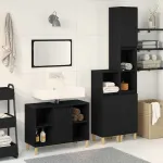 Set de mobilier pentru baie cu ușă 3 pcs Negru Lemn compozit GartenMobel Dekor