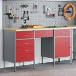 Dulap de lucru cu sertar 3 pcs Roșu Lemn ingineresc și oțel GartenMobel Dekor