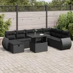 Set mobilier de grădină cu perne, 9 piese, negru, poliratan GartenMobel Dekor