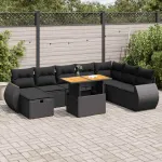 Set mobilier grădină perne 9 piese negru poliratan/lemn acacia GartenMobel Dekor