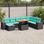 Set mobilier grădină perne 9 piese negru poliratan/lemn acacia GartenMobel Dekor