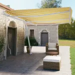 Copertină autonomă retractabilă manual, galben/alb, 600x350 cm GartenMobel Dekor