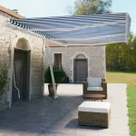 Copertină retractabilă manual, albastru și alb, 600x350 cm GartenMobel Dekor