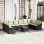 Set de canapele pentru grădină cu pernă 11 pcs Negru poliratan GartenMobel Dekor