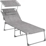 Sezlong pliabil SONGMICS cu parasolar, tetiera si spatar reglabil, gri