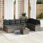 Set de canapele pentru grădină cu pernă 9 pcs Gri Rattan poli GartenMobel Dekor