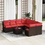 Set de canapea cu pernă Manual 9 pcs Maro și roșu poliratan GartenMobel Dekor