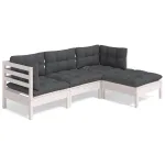 Set mobilier grădină cu perne, 4 piese, alb, lemn de pin GartenMobel Dekor