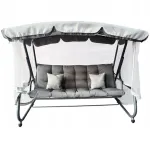Balansoar de gradina 3 locuri, tip pat, cu plasa tantari si perne, gri