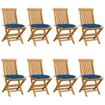 Scaune grădină cu perne albastre, 8 buc, lemn masiv tec GartenMobel Dekor