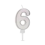 Lumânare pentru tort cifra 6 cu sclipici, alb-argintiu, 6,5 cm