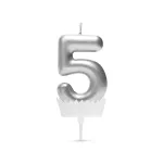 Lumânare pentru tort cifră 5 argintie, decor aniversar 6 x 3 cm