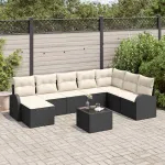 Set de canapea cu pernă 9 pcs Negru și Alb poliratan GartenMobel Dekor