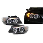 Faruri BMW Seria 3 E90 E91 2005-2008 Angel Eyes negre, set stanga-dreapta