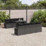 Set de canapele pentru grădină cu pernă 9 pcs Negru Poli Rattan GartenMobel Dekor