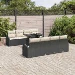 Set de canapele pentru grădină cu pernă 9 pcs Negru Poli Rattan GartenMobel Dekor