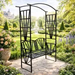 Pergola de gradina cu banca integrata, suport plante, otel negru 114x45x208 cm