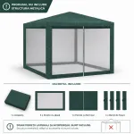 Set pereți pentru pavilion 3x3 m cu plasă țânțari și acoperiș, verde