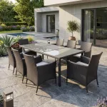 Set mobilier de gradina cu 8 scaune, masa din ratan si blat din sticla, maro