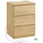 Noptieră VASAGLE Kailyn cu prize AC, USB integrate și 3 sertare, natur
