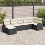 Set de canapea cu pernă Manual 7 pcs Negru și Crem poliratan GartenMobel Dekor