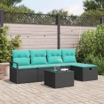 Set de canapea cu pernă Manual 6 pcs Negru și Turcoaz poliratan GartenMobel Dekor