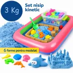 Nisip kinetic albastru, set 3 kg, 6 forme de modelat, cutie gonflabila 45x58 cm