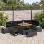 Set de canapele pentru grădină cu pernă 9 pcs Negru poliratan GartenMobel Dekor
