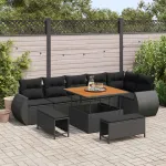 Set de canapele pentru grădină cu pernă 9 pcs Negru Poli Rattan GartenMobel Dekor