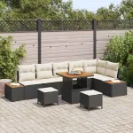 Set de canapele pentru grădină cu pernă 9 pcs Negru Rattan poli GartenMobel Dekor