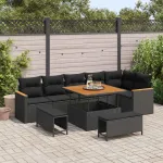 Set de canapele pentru grădină cu pernă 9 pcs Negru Rattan poli GartenMobel Dekor