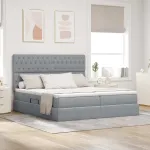Pat cu benzi LED cu headboard Gri deschis 200 x 200 cm țesătură GartenMobel Dekor