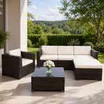 Set mobilier gradina 6 piese din technorattan cu masa si perne, instalare modulara configurabila, maro si crem