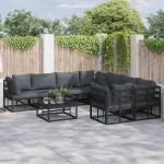 Set de canapele pentru grădină cu pernă 9 pcs Negru Oțel GartenMobel Dekor