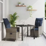 Set de masă și scaune cu pernă 3 pcs Gri Ratan PE GartenMobel Dekor