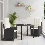 Set de masă pentru grădină cu pernă 3 pcs Negru poliratan GartenMobel Dekor
