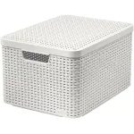 Coș de depozitare cu capac Curver Style L crem, aspect ratan, 45x25x33 cm