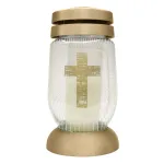 Candelă funerară Bolsius cu cruce aurie, sticlă transparentă, 36 ore