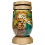 Candelă funerară Bolsius Maria cu Isus din vitraliu, 22 cm, 36 ore