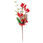 Crenguță decorativă de Crăciun cu bobițe și conuri, roșie, ninsă, 27 cm