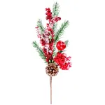 Crenguță decorativă de Crăciun cu bobițe și con, roșie, ninsă, 32 cm