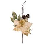 Crenguță decorativă de Crăciun cu floare poinsettia aurie, 34 cm